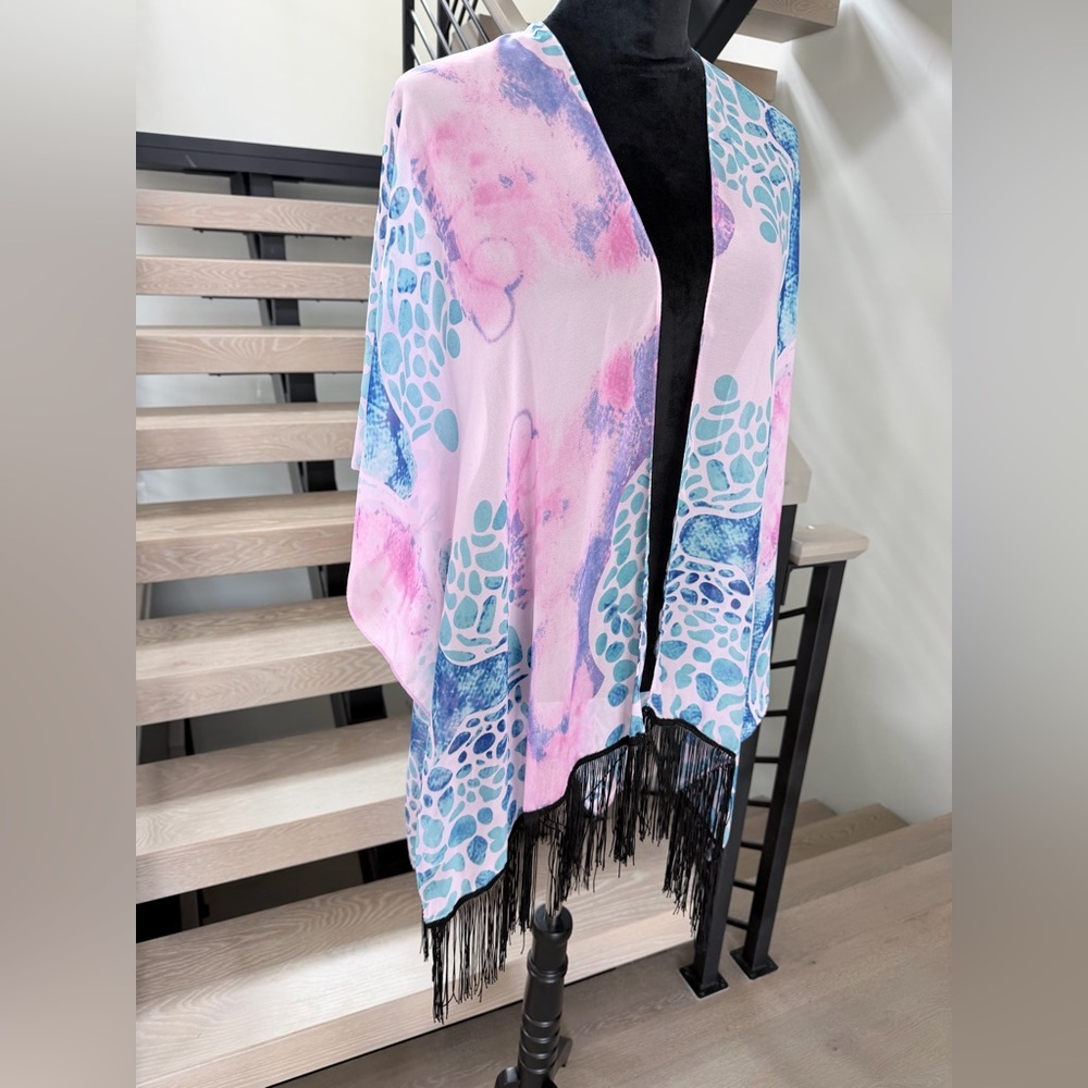 New Bohemian Beach Vacation Pink and Blue Shawl Kimono Cover up with Fringe - Picture 2 of 6
